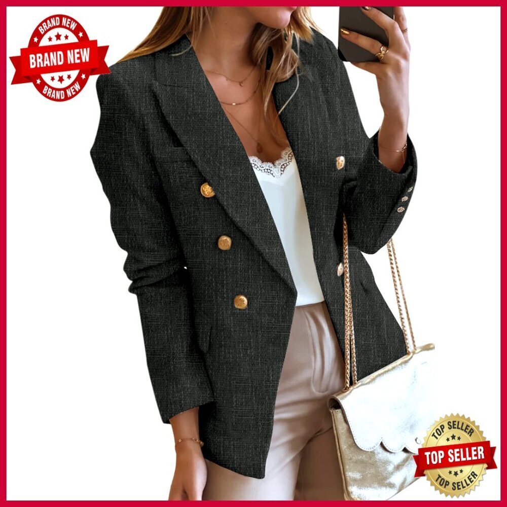 Tweed Blazer Double Breasted Open Front Casual Work Office Slim Fit